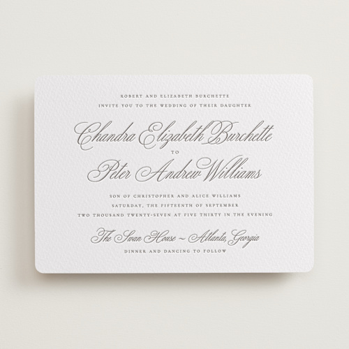 This is a graphite letterpress wedding invitations with letterpress by Wildfield Paper Co called calligraphie printing on somerset500 in standard