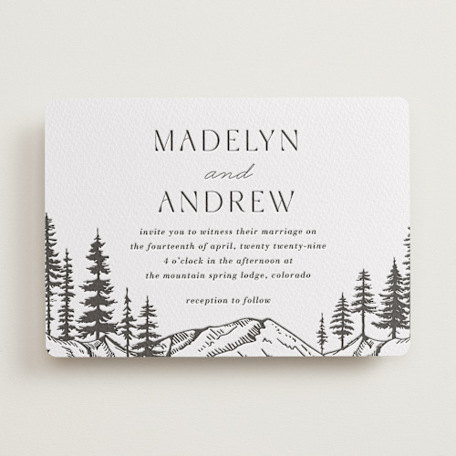 This is a soft black letterpress wedding invitations with letterpress by Winston Latchman called mountain pines printing on somerset500 in standard