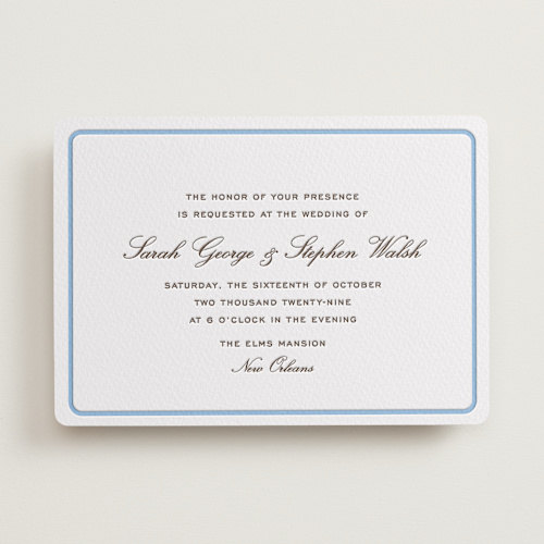 This is a sky blue letterpress wedding invitations with letterpress by Megan Davis called aperitif printing on somerset500 in standard