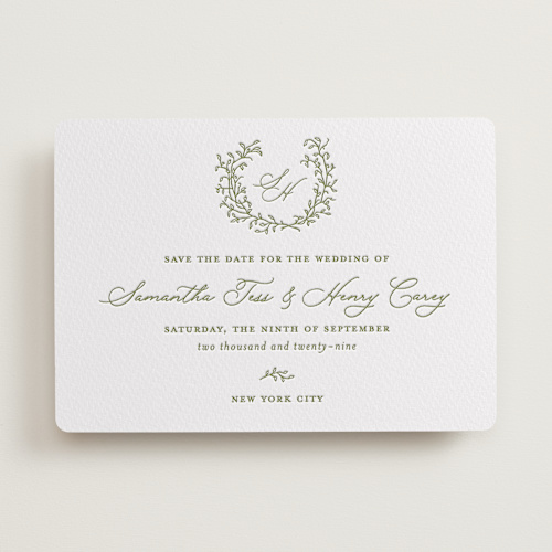 This is a pistachio save the date with letterpress by Katherine Moynagh called garden script printing on somerset500 in standard