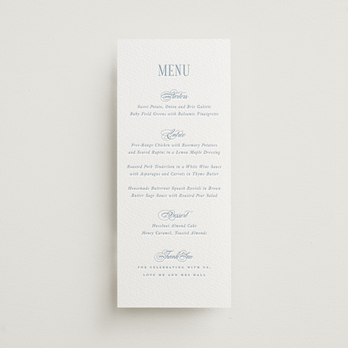 This is a sky blue menu cards with letterpress by Hudson meet Rose called hamptons printing on somerset500 in 4x9