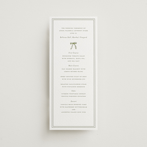 This is a pistachio menu cards with letterpress by Lori Wemple called wedding bouquet printing on somerset500 in 4x9