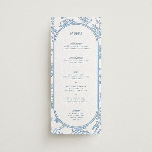 This is a sky blue menu cards with letterpress by Jenna Holcomb called classic toile printing on somerset500 in 4x9