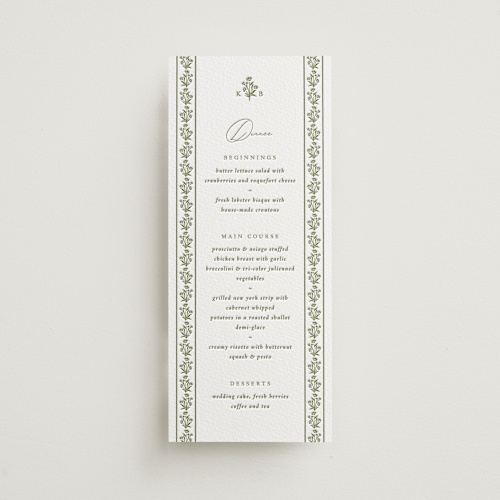 This is a pistachio menu cards with letterpress by Olivia Raufman called posy printing on somerset500 in 4x9