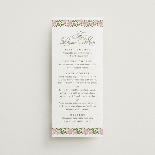 This is a pistachio menu cards with letterpress by Creo Study called vintage blooms printing on somerset500 in 4x9