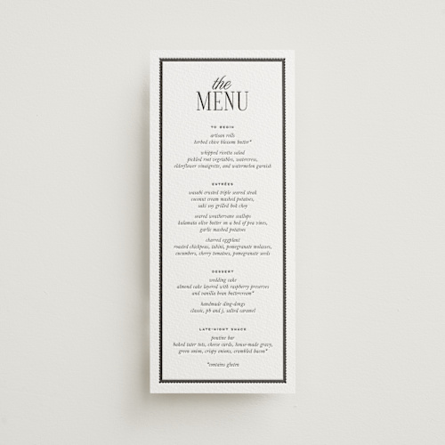This is a soft black menu cards with letterpress by Kamala Nahas called grayson printing on somerset500 in 4x9