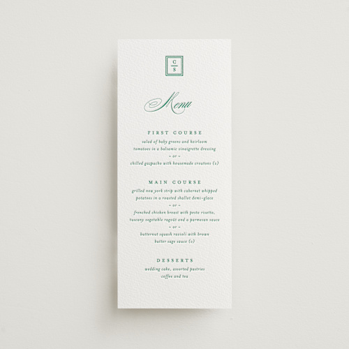 This is a shamrock menu cards with letterpress by Olivia Raufman called hartford printing on somerset500 in 4x9