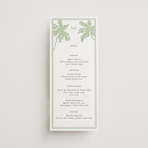 This is a tea green menu cards with letterpress by Lucrecia Caporale called shoreline elegance printing on somerset500 in 4x9