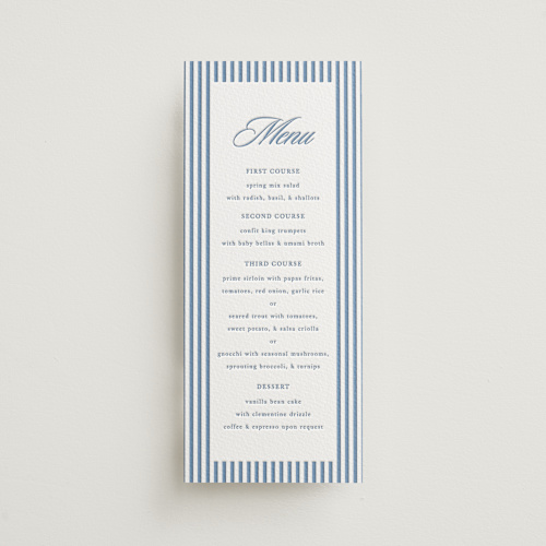 This is a provincial blue menu cards with letterpress by Morgan Kendall called catamaran printing on somerset500 in 4x9