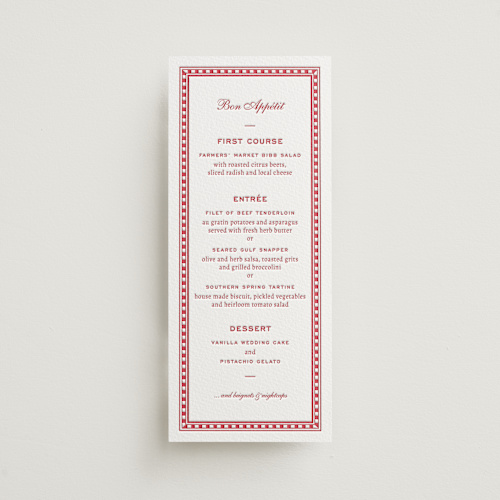 This is a scarlet menu cards with letterpress by Megan Davis called larkin printing on somerset500 in 4x9