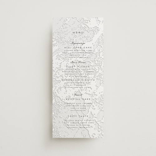 This is a soft black menu cards with letterpress by Erin L. Wilson called subtle marble printing on somerset500 in 4x9