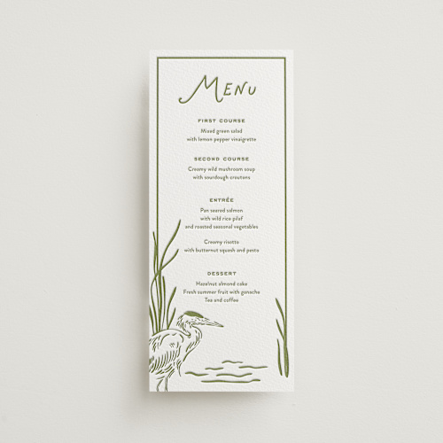 This is a pistachio menu cards with letterpress by Oscar and Emma - Karly Depew called marshland printing on somerset500 in 4x9