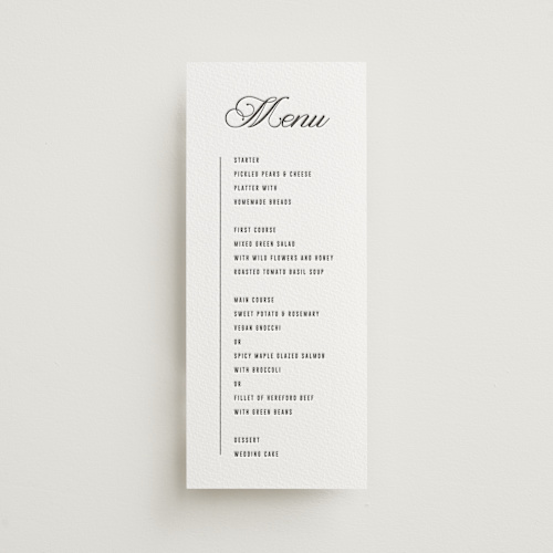 This is a soft black menu cards with letterpress by Sumak Studio called bold & elegant printing on somerset500 in 4x9