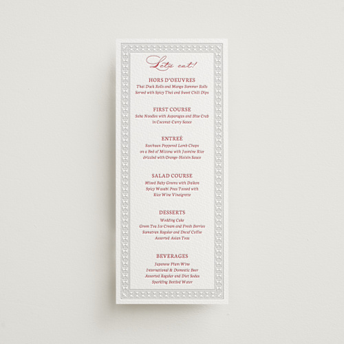 This is a scarlet menu cards with letterpress by Deborah Chou called simply happy printing on somerset500 in 4x9