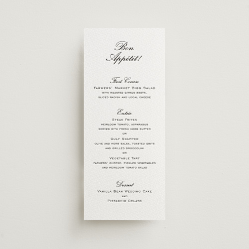 This is a soft black menu cards with letterpress by Megan Davis called cornelia printing on somerset500 in 4x9