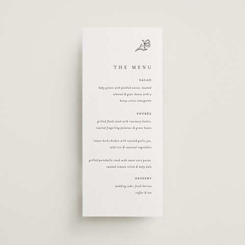 This is a soft black menu cards with letterpress by Pixel and Hank called floral cascade printing on somerset500 in 4x9