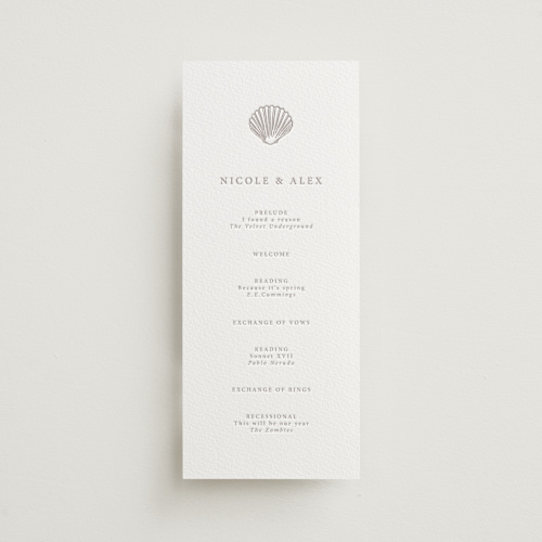 This is a dove grey unique wedding programs with letterpress by Hannah Bowman called simple seashell printing on somerset500 in 4x9