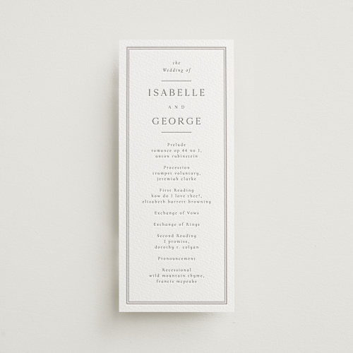 This is a dove grey unique wedding programs with letterpress by Nicole Walsh called formal serif printing on somerset500 in 4x9