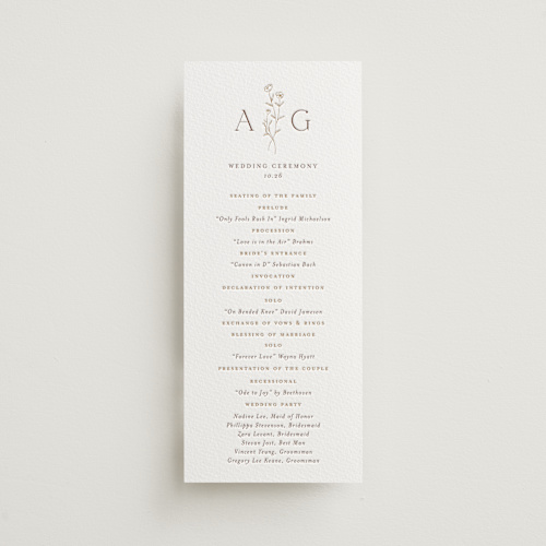 This is a toffee unique wedding programs with letterpress by chocomocacino called kouignette printing on somerset500 in 4x9