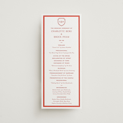 This is a verona sunset unique wedding programs with letterpress by Megan Davis called racquet printing on somerset500 in 4x9