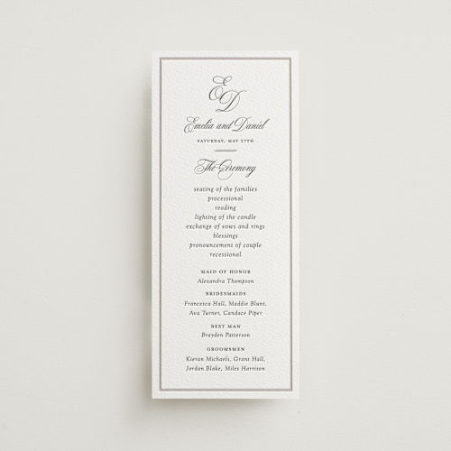 This is a soft black unique wedding programs with letterpress by Melinda Denison called royal printing on somerset500 in 4x9