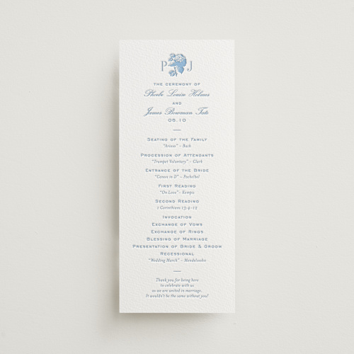 This is a sky blue unique wedding programs with letterpress by Megan Davis called chesapeake printing on somerset500 in 4x9