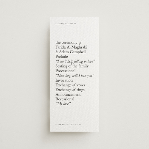 This is a soft black unique wedding programs with letterpress by Hudson meet Rose called westin printing on somerset500 in 4x9