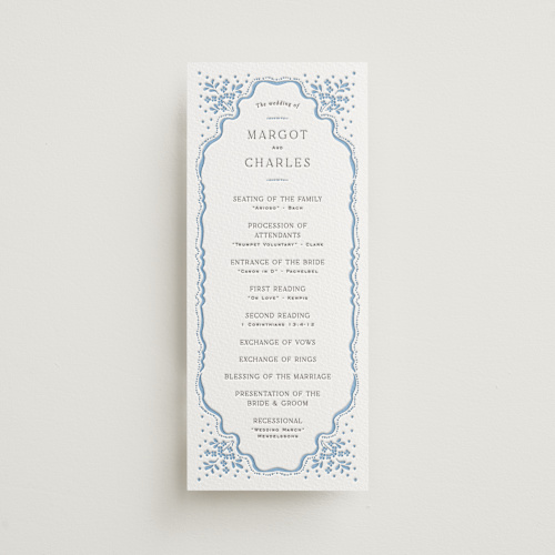 This is a sky blue unique wedding programs with letterpress by Erin L. Wilson called margot printing on somerset500 in 4x9