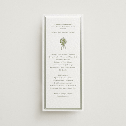 This is a pistachio unique wedding programs with letterpress by Lori Wemple called wedding bouquet printing on somerset500 in 4x9