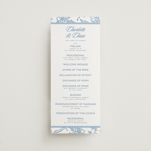 This is a sky blue unique wedding programs with letterpress by Jenna Holcomb called classic toile printing on somerset500 in 4x9