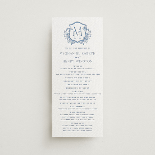 This is a provincial blue unique wedding programs with letterpress by Erin Deegan called hummingbird botanicals printing on somerset500 in 4x9