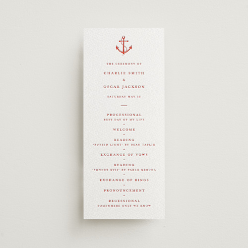 This is a 2028 unique wedding programs with letterpress by Pippa Shaw called lobster printing on somerset500 in 4x9