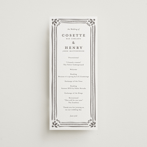 This is a graphite unique wedding programs with letterpress by Melanie Kosuge called cosette printing on somerset500 in 4x9