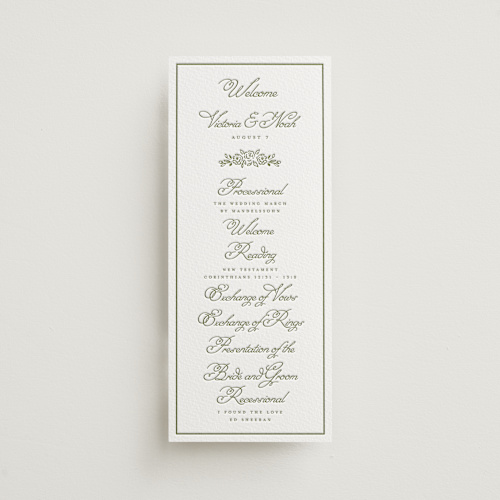 This is a pistachio unique wedding programs with letterpress by Petra Kern called crestino printing on somerset500 in 4x9