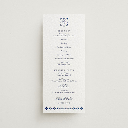 This is a lapis unique wedding programs with letterpress by Olivia Raufman called talavera tiles printing on somerset500 in 4x9