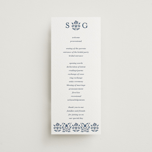 This is a indigo unique wedding programs with letterpress by Oma N. Ramkhelawan called pressed motif printing on somerset500 in 4x9