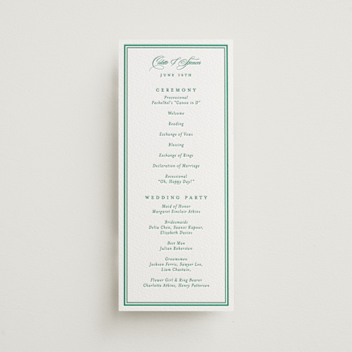This is a shamrock unique wedding programs with letterpress by Olivia Raufman called hartford printing on somerset500 in 4x9