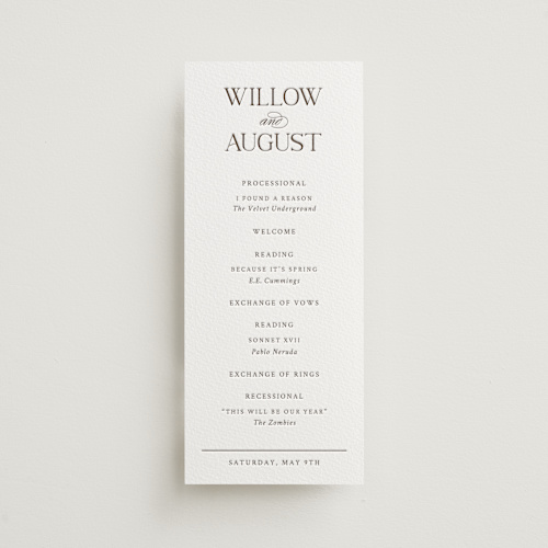 This is a coffee unique wedding programs with letterpress by Snow and Ivy called willow printing on somerset500 in 4x9