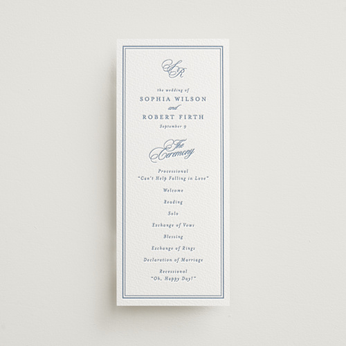 This is a provincial blue unique wedding programs with letterpress by Creo Study called posh printing on somerset500 in 4x9