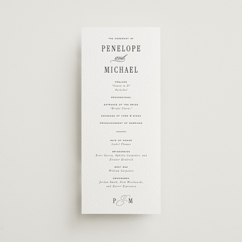 This is a soft black unique wedding programs with letterpress by Leah Bisch called outlined printing on somerset500 in 4x9