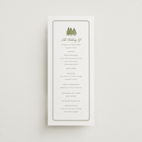 This is a pistachio unique wedding programs with letterpress by Ana Sharpe called summit meadows printing on somerset500 in 4x9