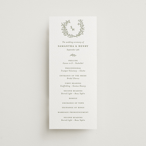 This is a pistachio unique wedding programs with letterpress by Katherine Moynagh called garden script printing on somerset500 in 4x9