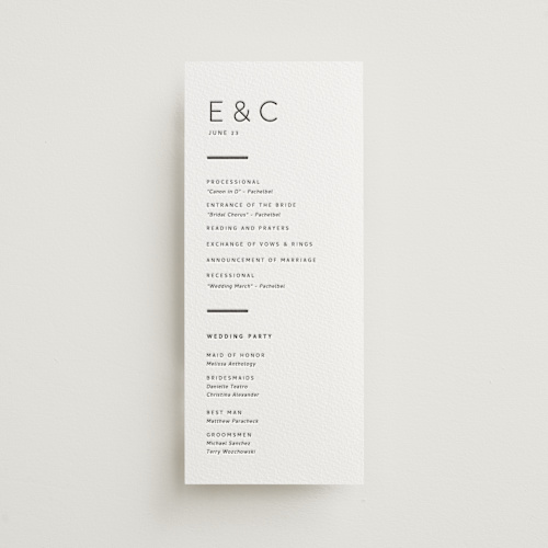 This is a soft black unique wedding programs with letterpress by Alston Foster called kismet printing on somerset500 in 4x9