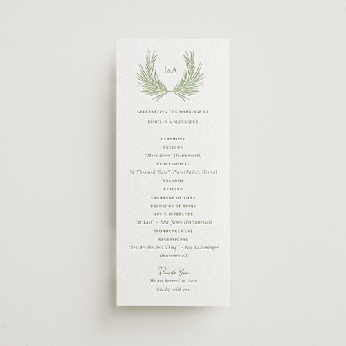 This is a tea green unique wedding programs with letterpress by Lucrecia Caporale called shoreline elegance printing on somerset500 in 4x9