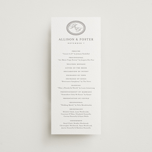 This is a graphite unique wedding programs with letterpress by Jessica Williams called haverly printing on somerset500 in 4x9