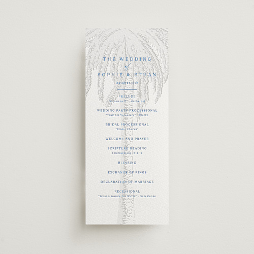 This is a sapphire unique wedding programs with letterpress by Kaydi Bishop called palm tree printing on somerset500 in 4x9
