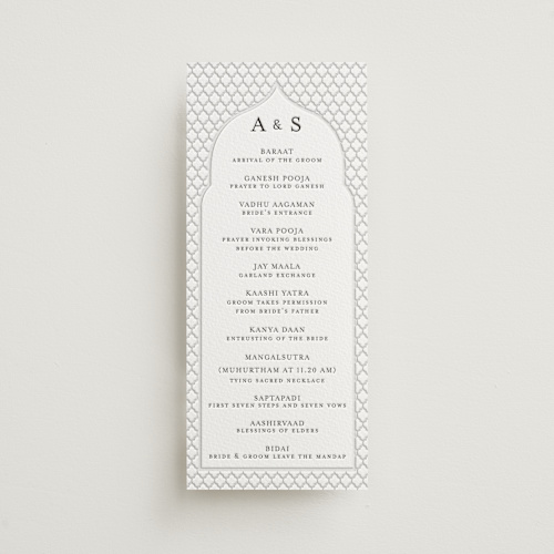 This is a soft black unique wedding programs with letterpress by Oma N. Ramkhelawan called kamal printing on somerset500 in 4x9