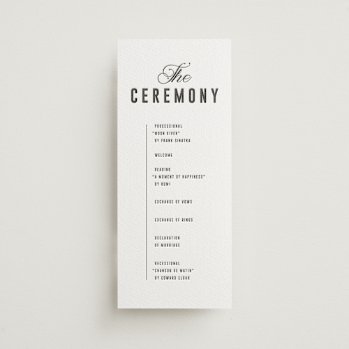 This is a soft black unique wedding programs with letterpress by Sumak Studio called bold & elegant printing on somerset500 in 4x9