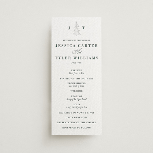 This is a stone unique wedding programs with letterpress by Teju Reval called evergreen printing on somerset500 in 4x9