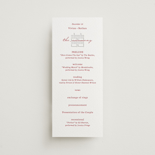 This is a scarlet unique wedding programs with letterpress by Deborah Chou called simply happy printing on somerset500 in 4x9